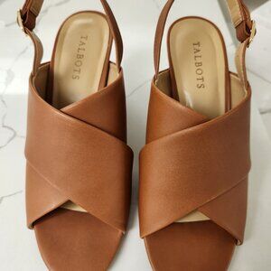 Talbots Shoes Sandals Size 9 Slingback Cognac Tan 3.5" Heel Leather